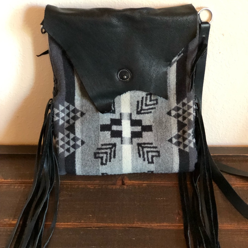 Custom Pendleton wool and leather crossbody purse.